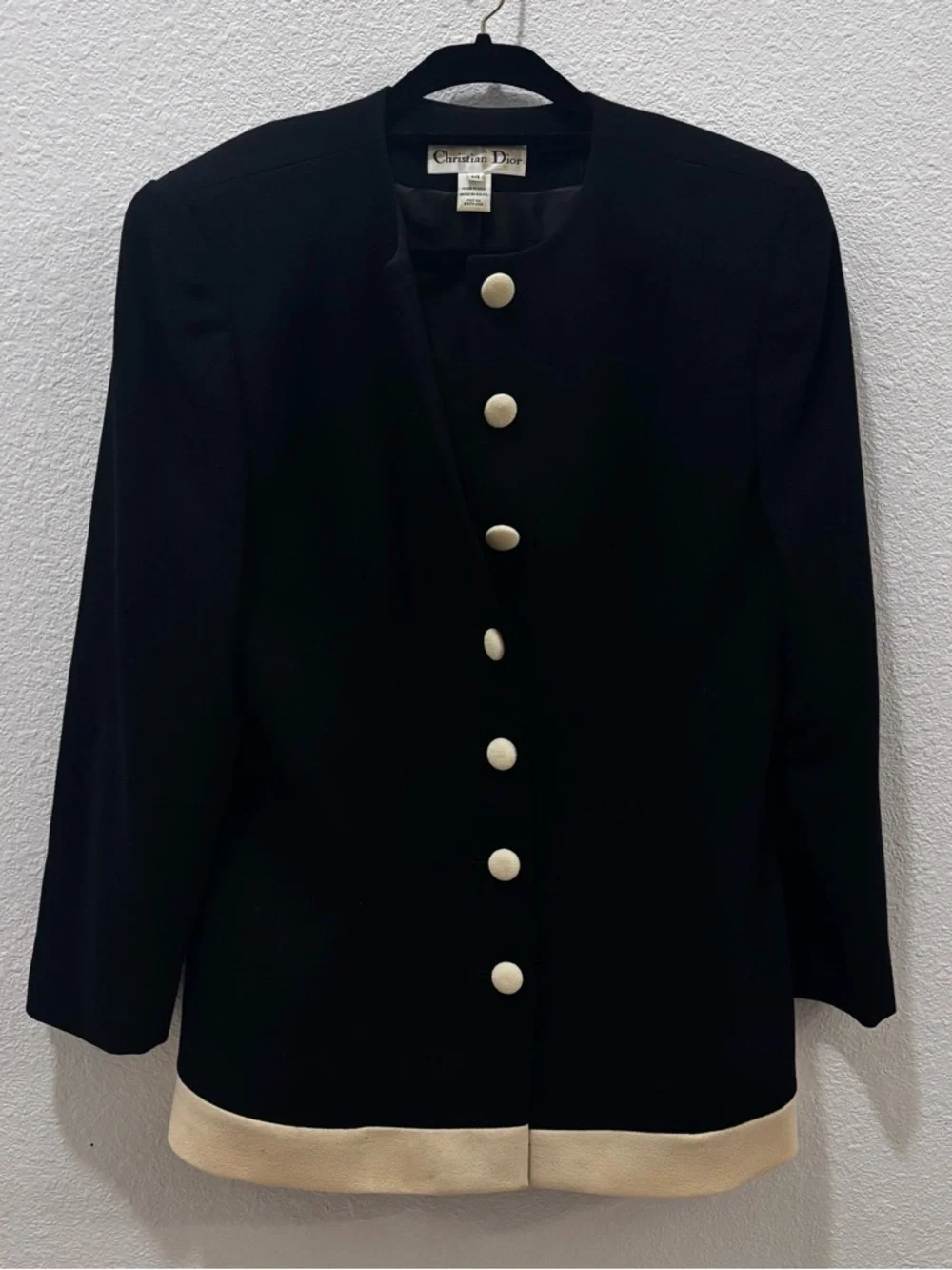 Vintage Christian Dior Black Wool Blazer Button Front Shoulder Pads Size 14